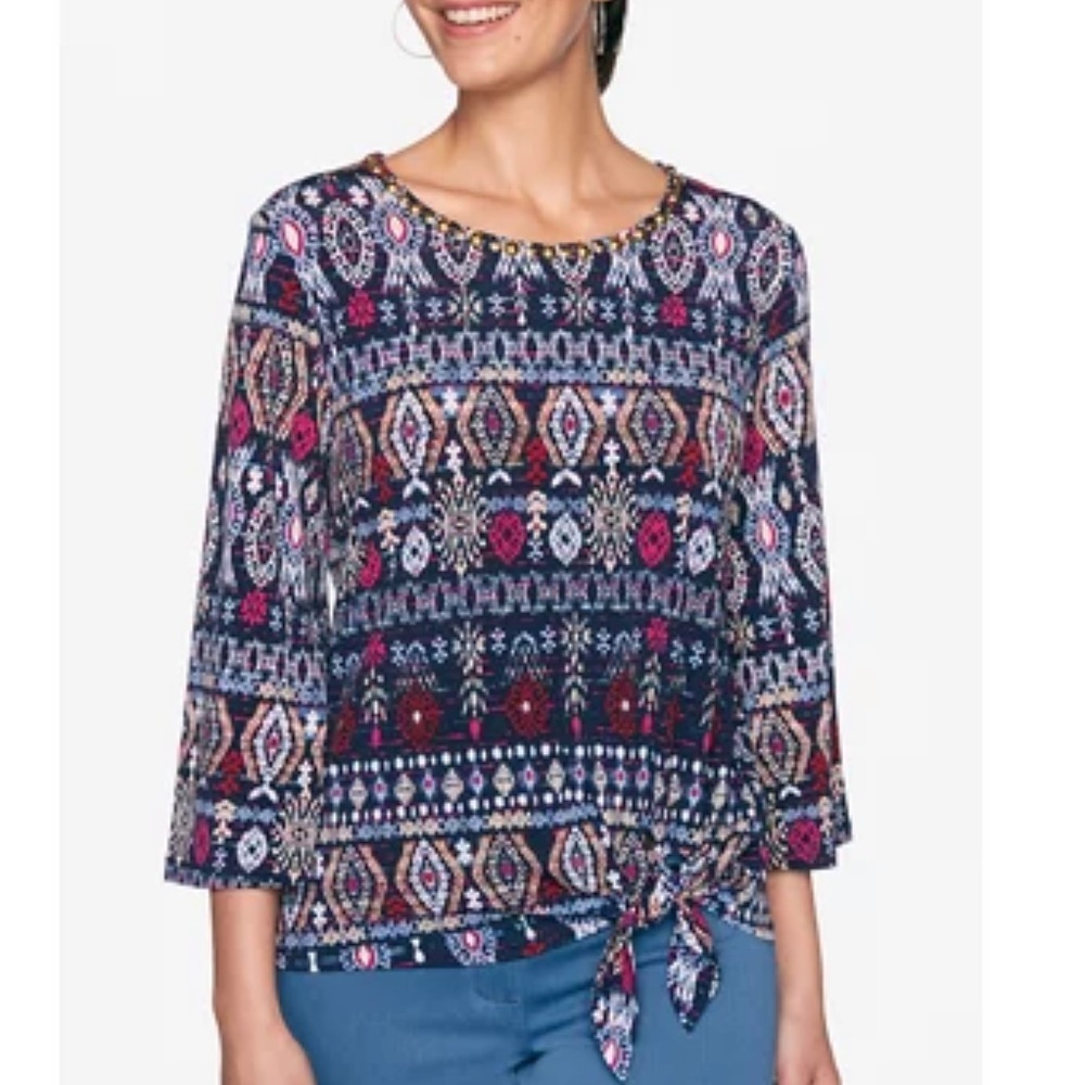 Ruby Rd Petite Casual Cool Embellished Scoop Neck Side Tie Top Sz L
